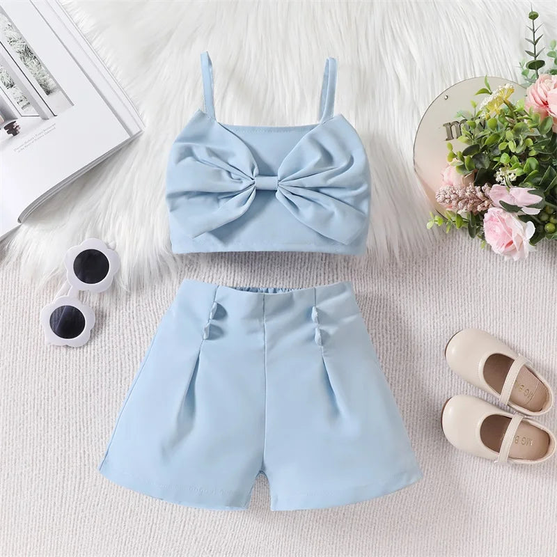 Pudcoco Little Kids Baby Girl Summer Clothes Solid Color Sleeveless Front Bow Cami Tops with Shorts 2 Pcs Outfit 18M-6T