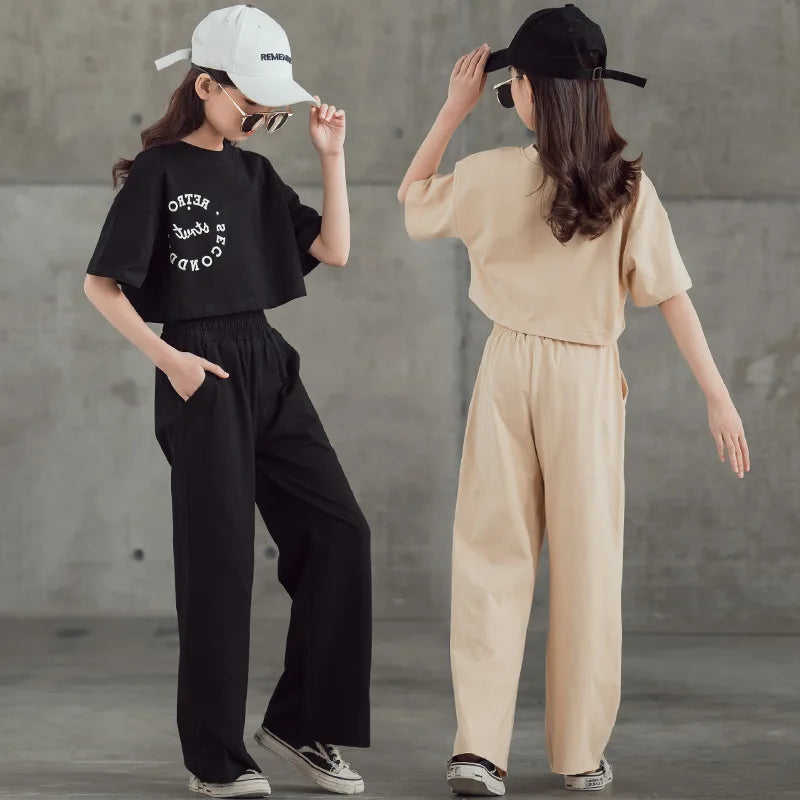 2024 New Spring Summer Teenager Girls Clothing Sets Children Short Tops T Shirt + Pants 2Pcs Kids Tracksuit 5 6 8 10 12 14 Years