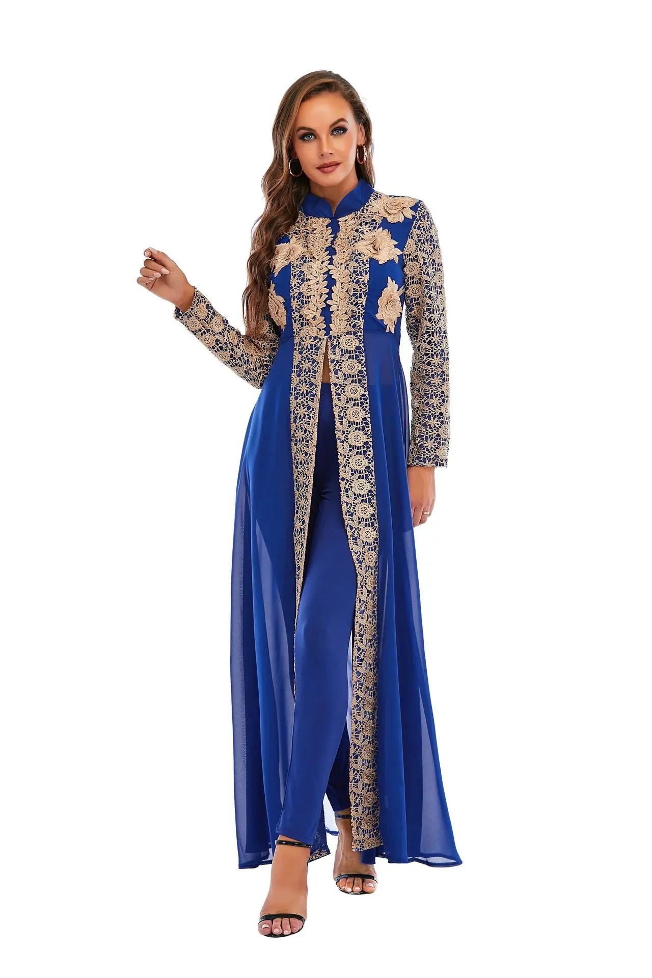 Elegant Stand Collar Women Dress Muslim Abaya 2 Piece Set Floral Full Sleeve Big Swing A-line Party Long Maxi Vestidos fashion
