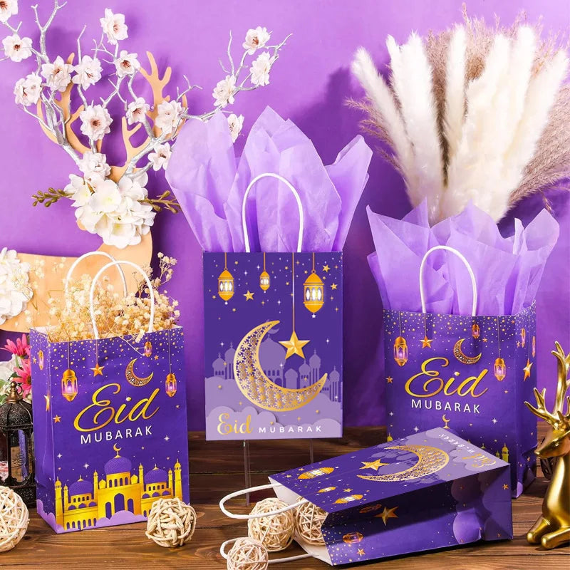 1pc 2024 Eid Mubarak Gift Bags Ramadan Party Decoration Ramadan Kareem Candy Cookie Gift Packing Paper Bag Handbag Muslim Suppli