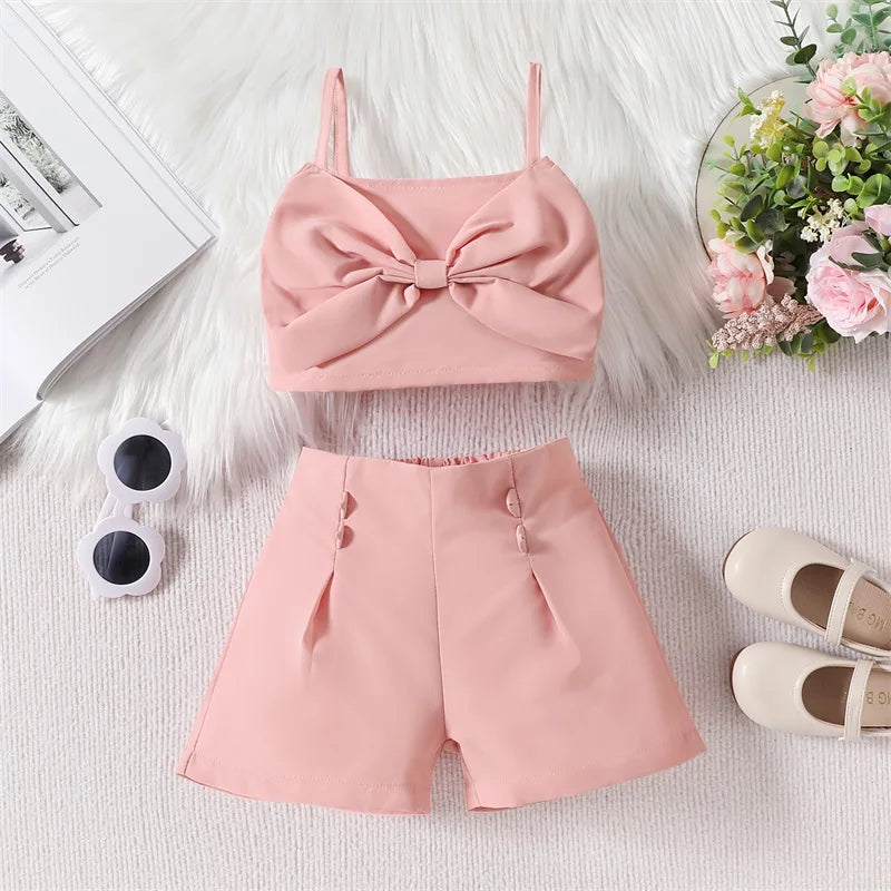 Pudcoco Little Kids Baby Girl Summer Clothes Solid Color Sleeveless Front Bow Cami Tops with Shorts 2 Pcs Outfit 18M-6T