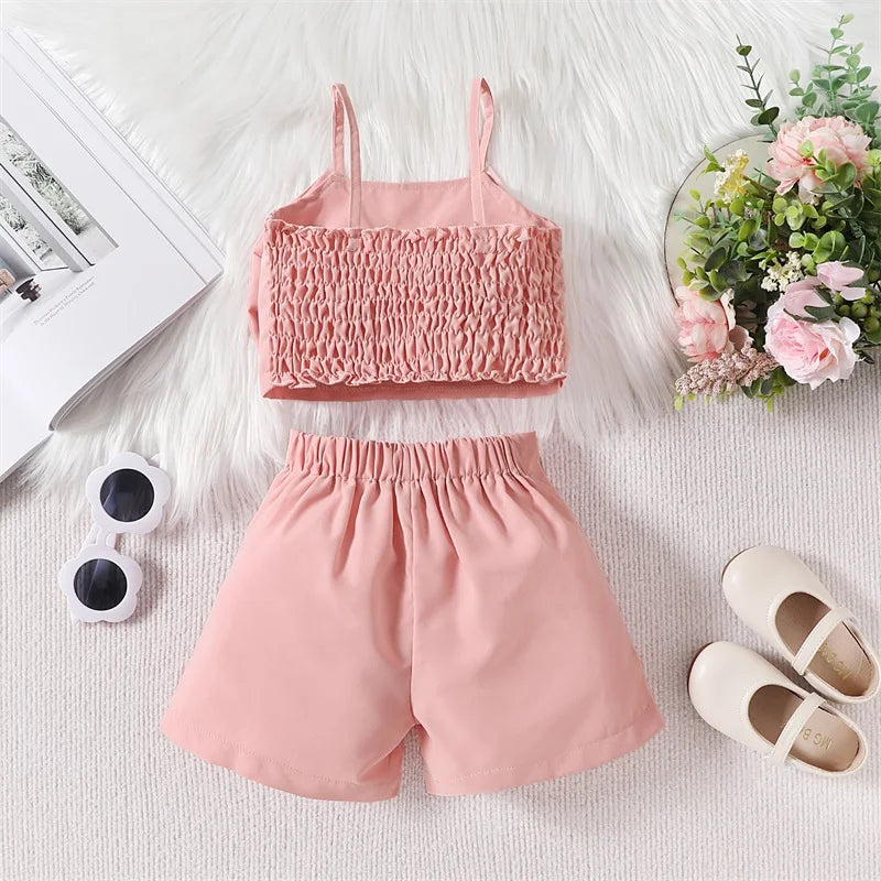 Pudcoco Little Kids Baby Girl Summer Clothes Solid Color Sleeveless Front Bow Cami Tops with Shorts 2 Pcs Outfit 18M-6T