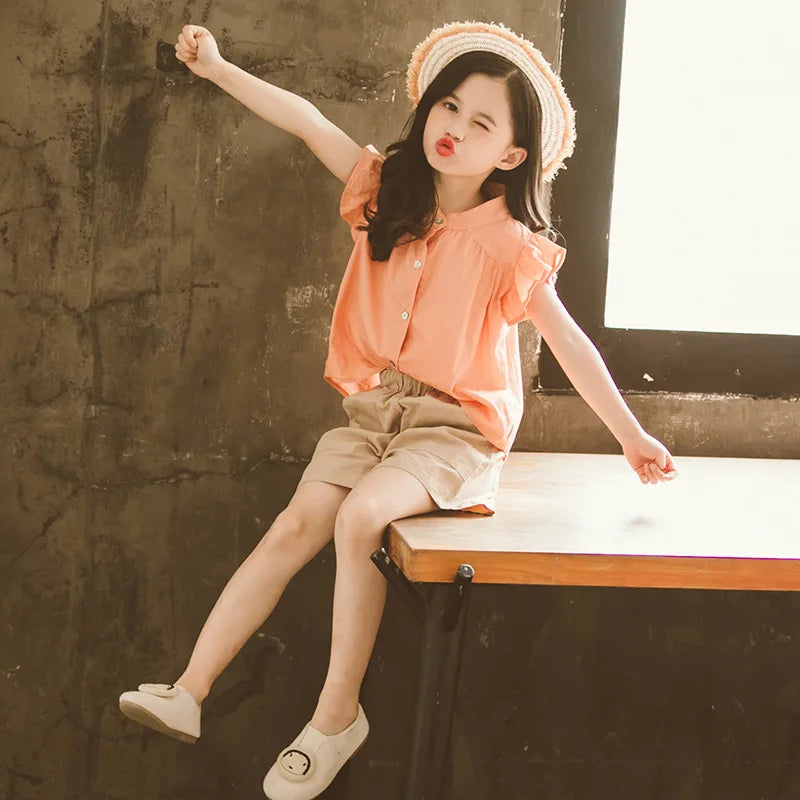 Baby Summer Suits for Girl Short Sleeve Blouse +Shorts 2 Piece Set Child Wid-leg Short Pants Kids Cotton Outfits Clothes