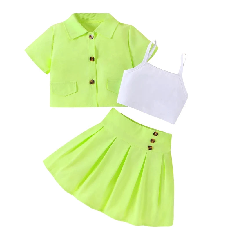 Citgeett Summer Kid Girls Clothes Short Sleeve Button Shirt + Cami Tops + Skirt Set Outfits Clothes