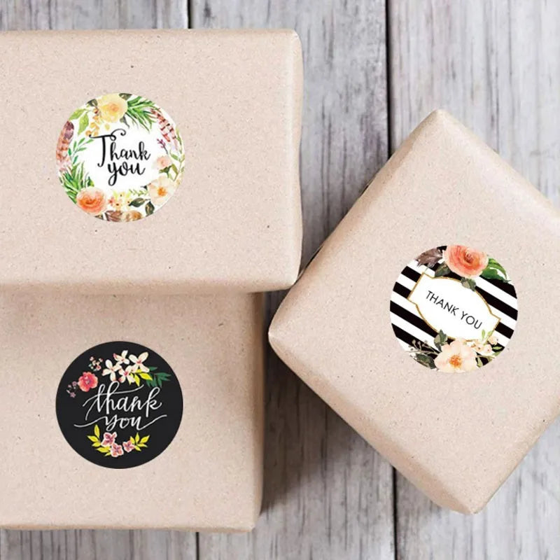 500pcs/pack Different styles of wreath stickers with “thank you” flower handmade crafts decoration sealing sticker