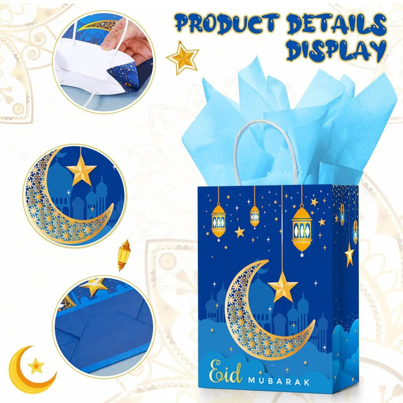 1pc 2024 Eid Mubarak Gift Bags Ramadan Party Decoration Ramadan Kareem Candy Cookie Gift Packing Paper Bag Handbag Muslim Suppli