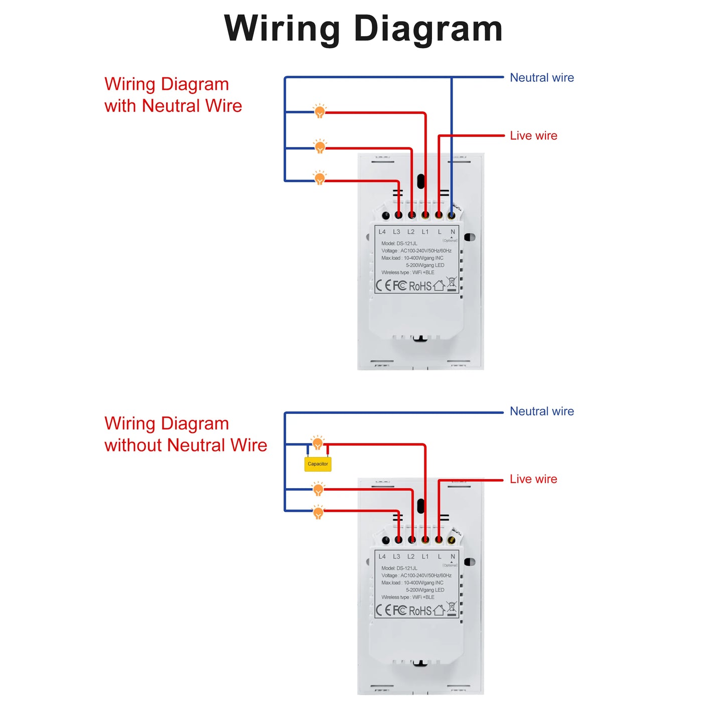 GIRIER Smart Wifi Touch Switch No Neutral Wire Required Smart Home 1/2/3 Gang Light Switch 100-240V Works with Alexa Hey Google