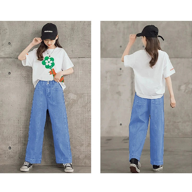 Teen Girls Clothing Sets New Fashion Korean Version Tops And Denim Pants 2Pcs Outfits Kids Tracksuit 4 5 6 7 8 9 10 11 12 Years