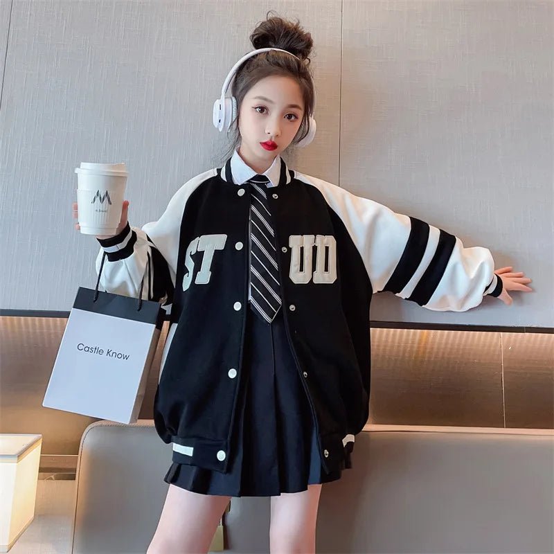 Spring Autumn Teenage Girls Jacket Children Fashion Baseball Uniform Sports Coat Birthday Gift 5 6 8 10 12 14 Years Kids Clothes