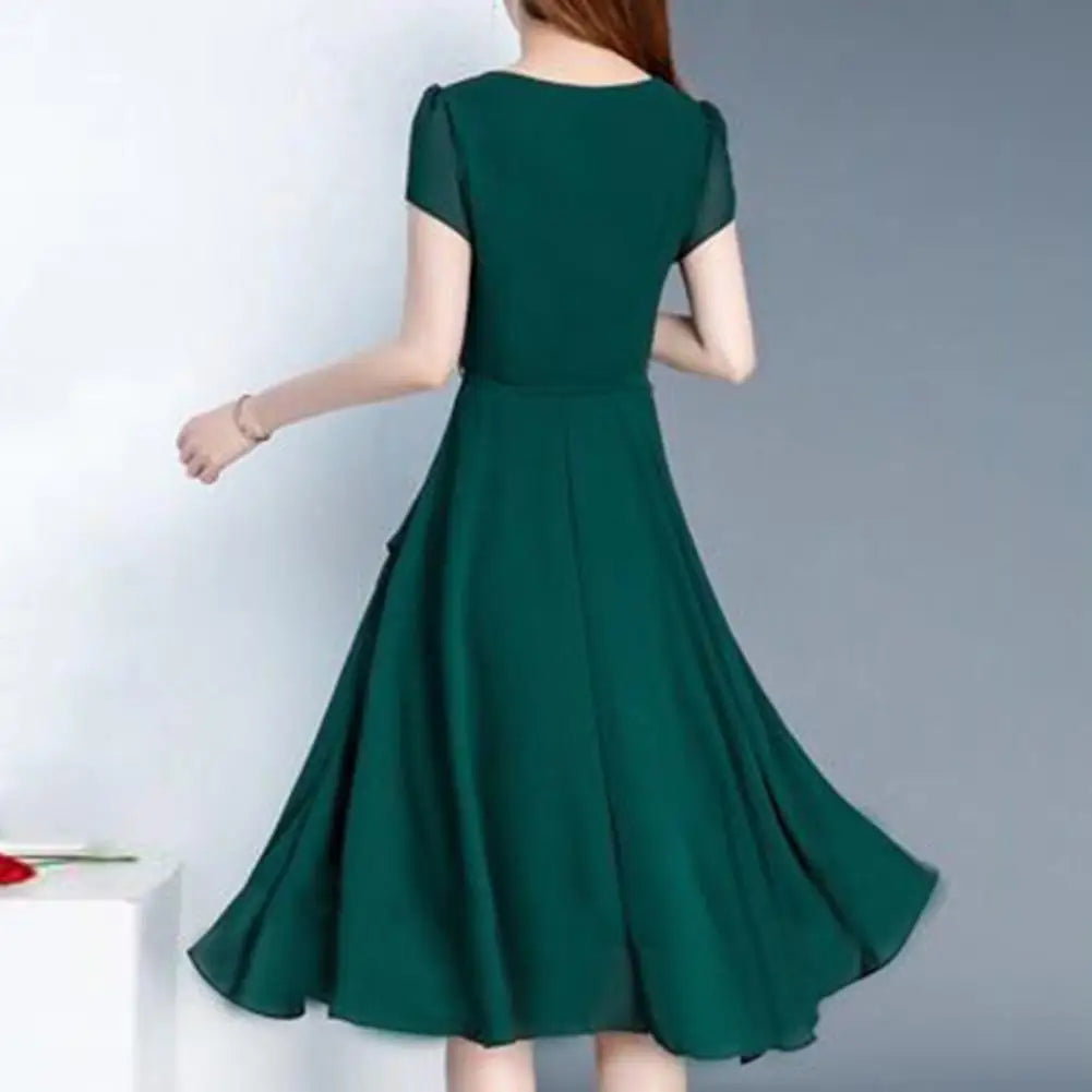 A-line Dress Versatile Dress Elegant Lace Up A-line Midi Dress with Short Sleeves for Women O-neck Streetwear Layered Hem