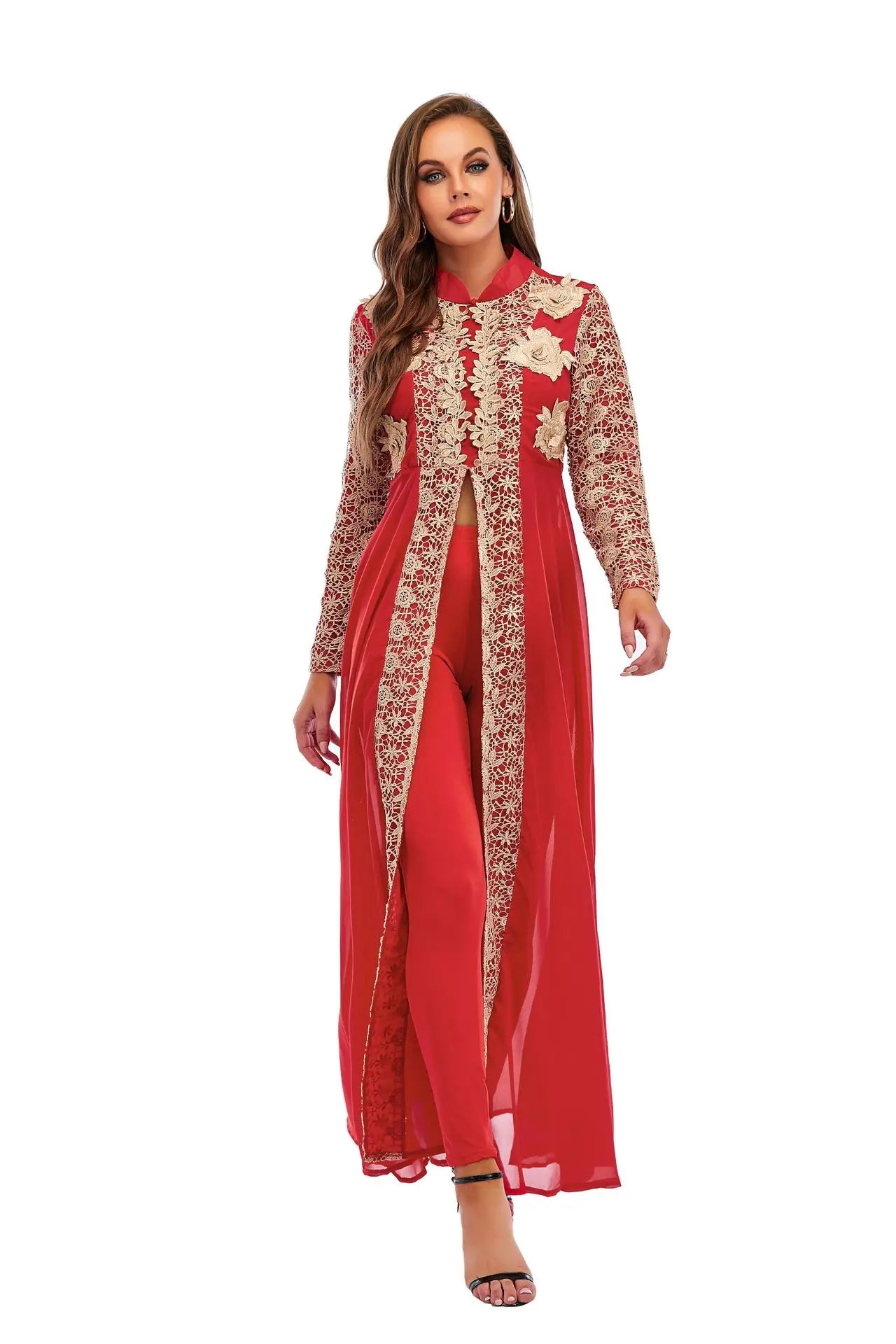 Elegant Stand Collar Women Dress Muslim Abaya 2 Piece Set Floral Full Sleeve Big Swing A-line Party Long Maxi Vestidos fashion