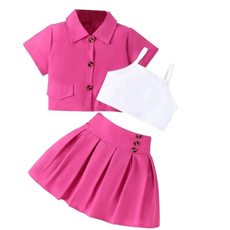 Citgeett Summer Kid Girls Clothes Short Sleeve Button Shirt + Cami Tops + Skirt Set Outfits Clothes