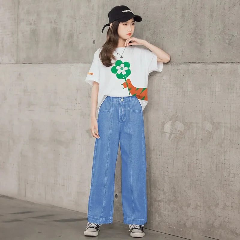 Teen Girls Clothing Sets New Fashion Korean Version Tops And Denim Pants 2Pcs Outfits Kids Tracksuit 4 5 6 7 8 9 10 11 12 Years