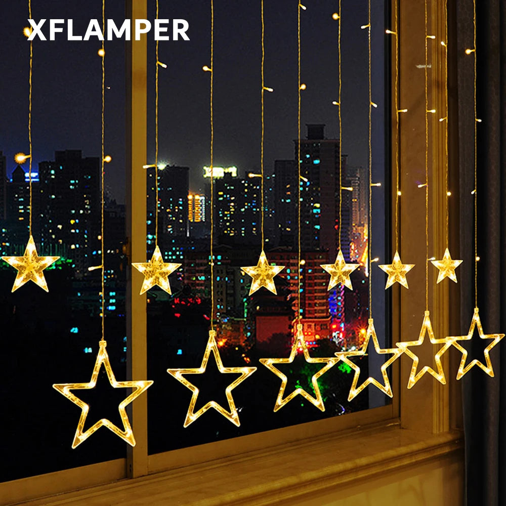 138LED Star String Light Waterproof 8 Modes Warm White Curtain Lights for Ramadan Party Bedroom Wedding Christmas Decoratio