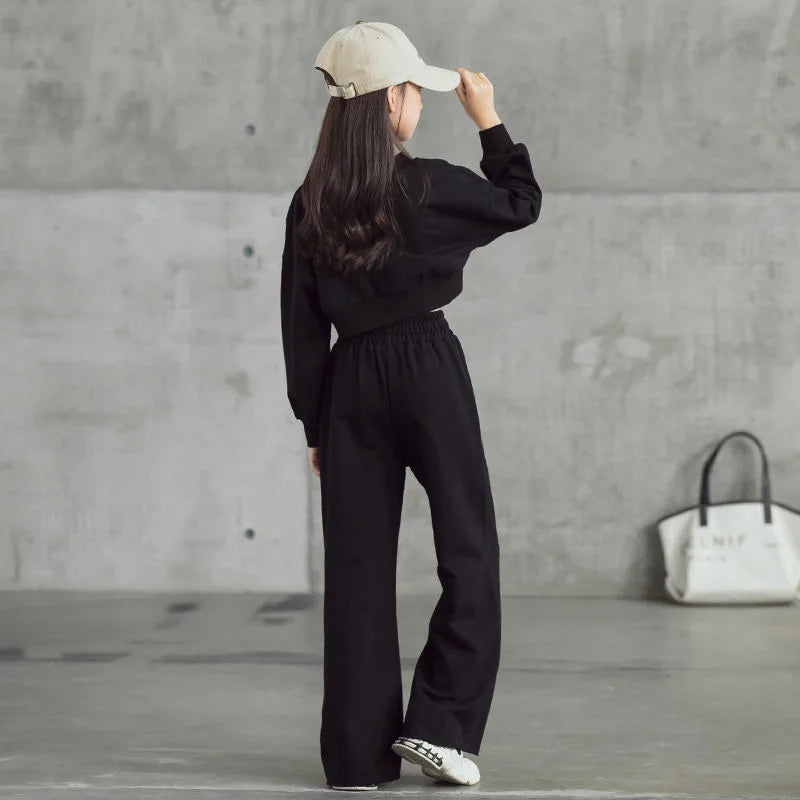 2024 Spring Autumn Teenager Girls Clothes Suit Casual Long Sleeve Sweatshirt + Wide Leg Pants Kids Tracksuit 6 8 10 11 12 14 Yrs