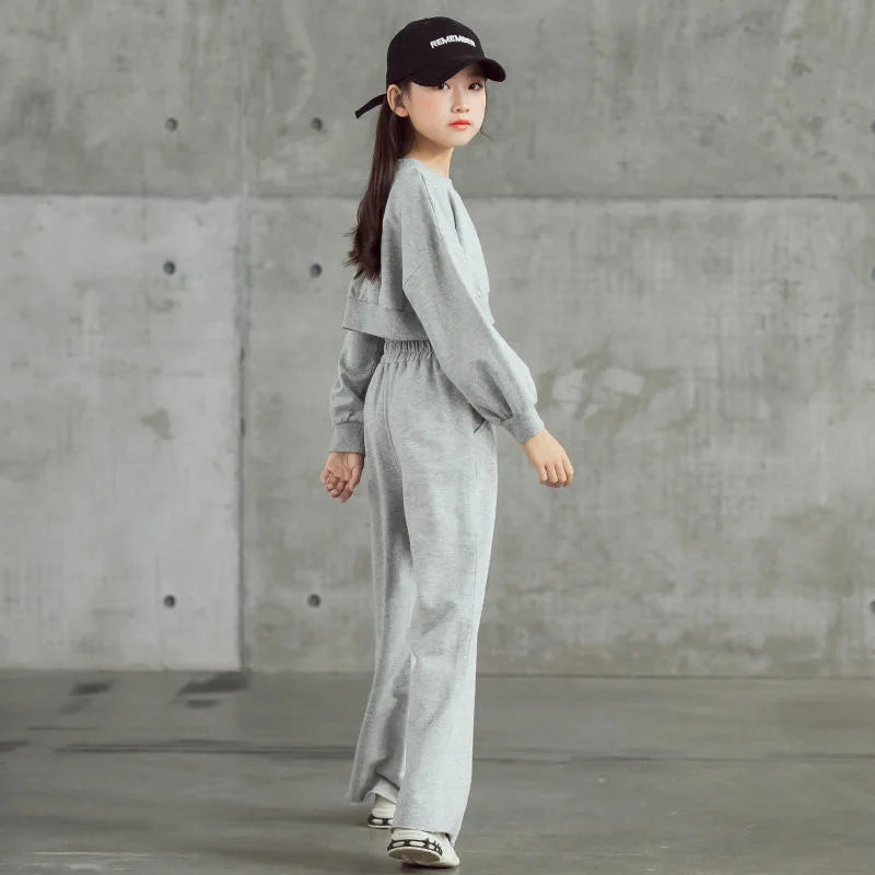 2024 Spring Autumn Teenager Girls Clothes Suit Casual Long Sleeve Sweatshirt + Wide Leg Pants Kids Tracksuit 6 8 10 11 12 14 Yrs