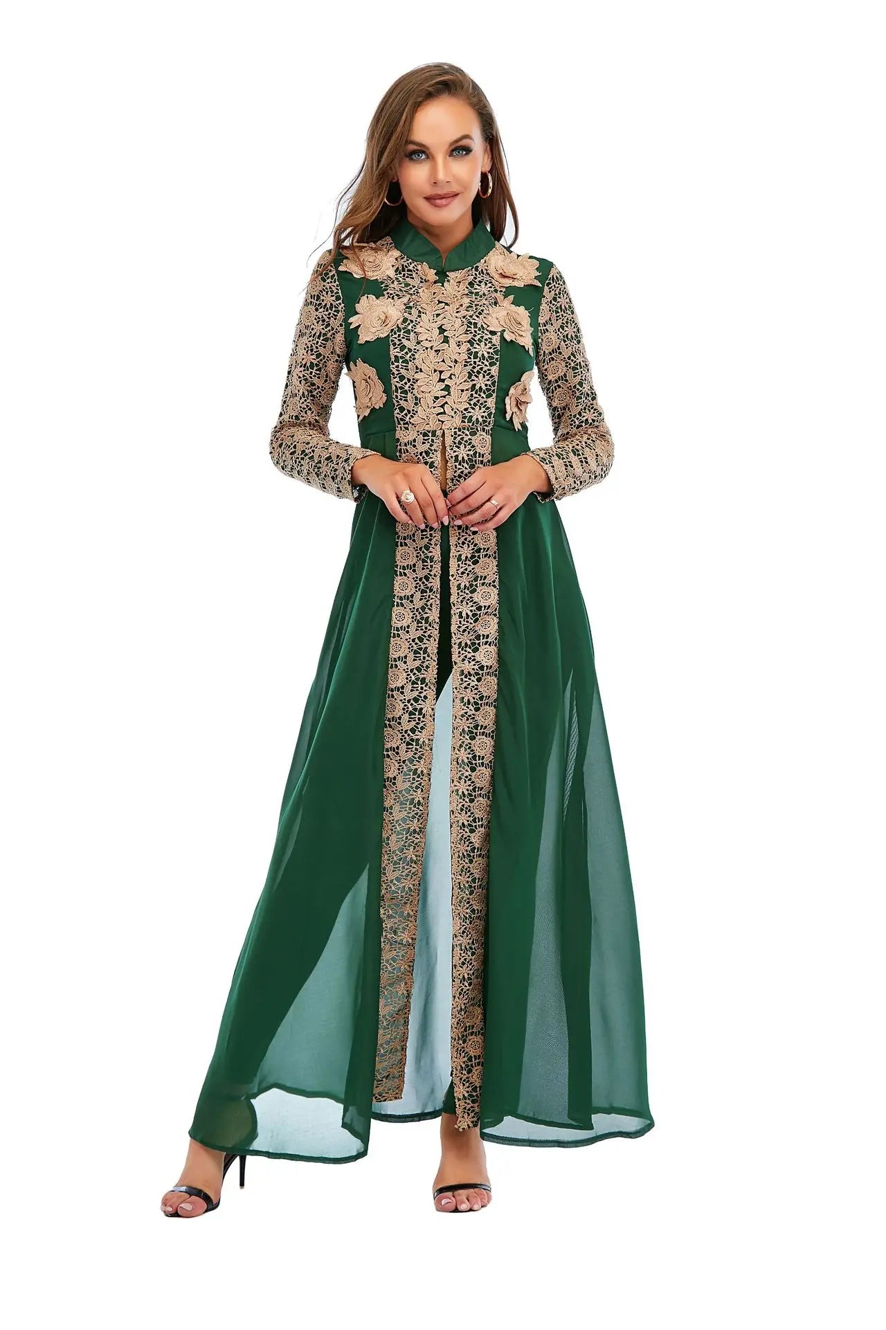 Elegant Stand Collar Women Dress Muslim Abaya 2 Piece Set Floral Full Sleeve Big Swing A-line Party Long Maxi Vestidos fashion