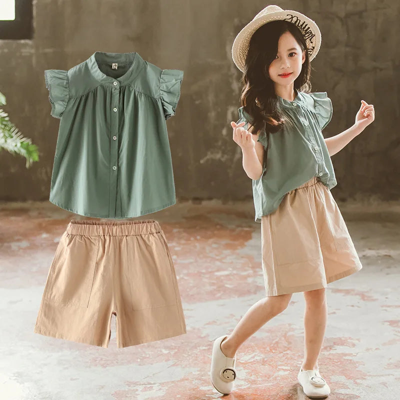 Baby Summer Suits for Girl Short Sleeve Blouse +Shorts 2 Piece Set Child Wid-leg Short Pants Kids Cotton Outfits Clothes
