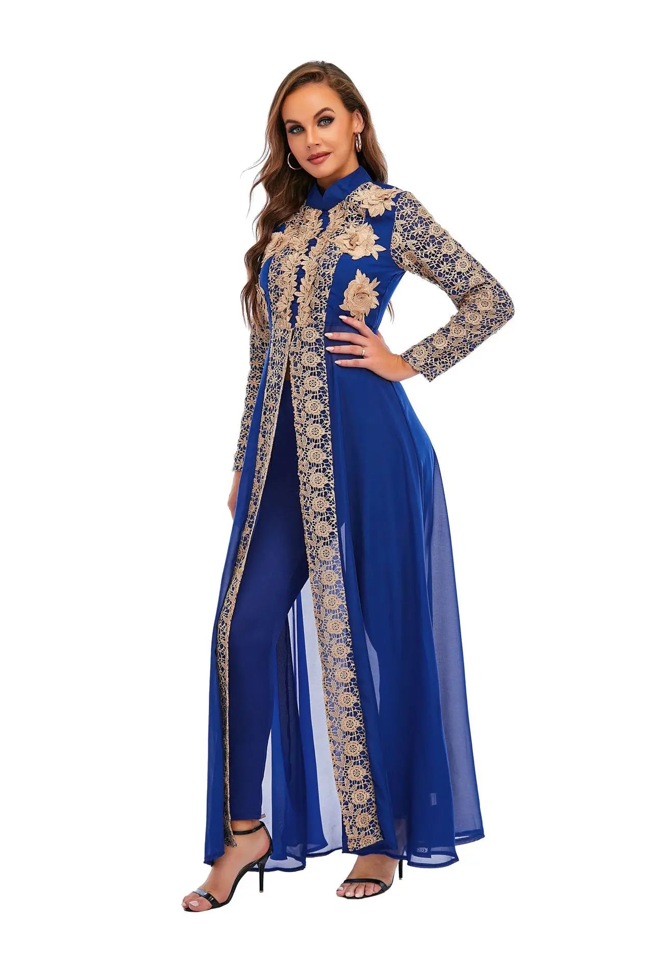 Elegant Stand Collar Women Dress Muslim Abaya 2 Piece Set Floral Full Sleeve Big Swing A-line Party Long Maxi Vestidos fashion