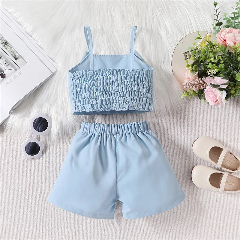 Pudcoco Little Kids Baby Girl Summer Clothes Solid Color Sleeveless Front Bow Cami Tops with Shorts 2 Pcs Outfit 18M-6T