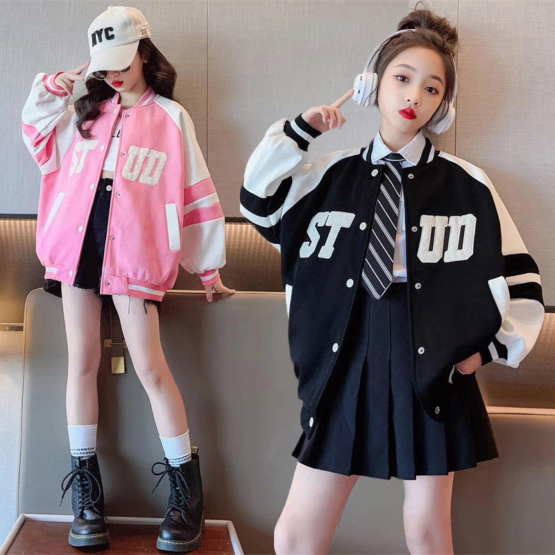 Spring Autumn Teenage Girls Jacket Children Fashion Baseball Uniform Sports Coat Birthday Gift 5 6 8 10 12 14 Years Kids Clothes