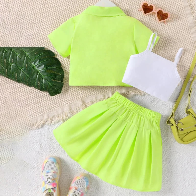Citgeett Summer Kid Girls Clothes Short Sleeve Button Shirt + Cami Tops + Skirt Set Outfits Clothes