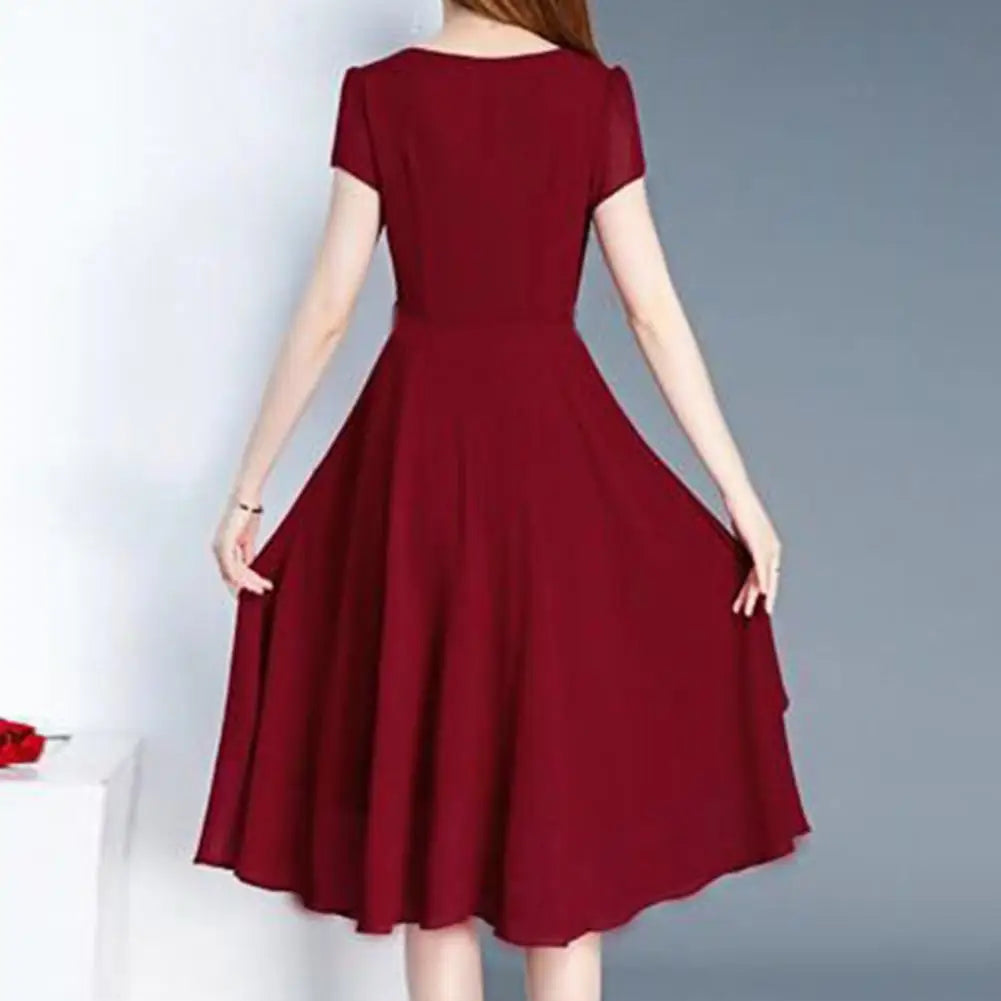 A-line Dress Versatile Dress Elegant Lace Up A-line Midi Dress with Short Sleeves for Women O-neck Streetwear Layered Hem