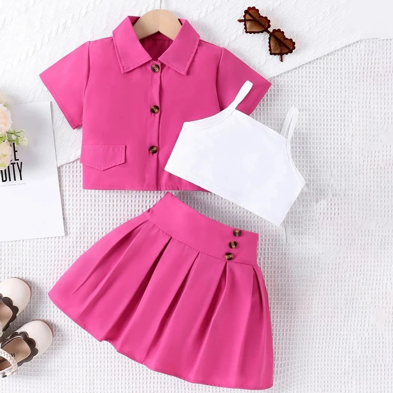Citgeett Summer Kid Girls Clothes Short Sleeve Button Shirt + Cami Tops + Skirt Set Outfits Clothes