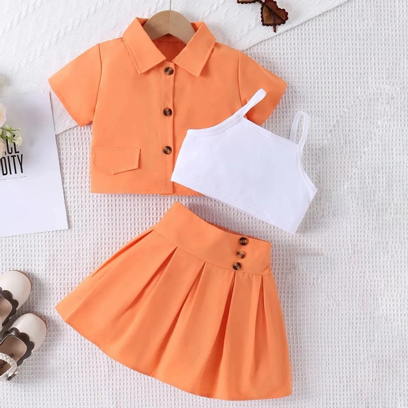 Citgeett Summer Kid Girls Clothes Short Sleeve Button Shirt + Cami Tops + Skirt Set Outfits Clothes