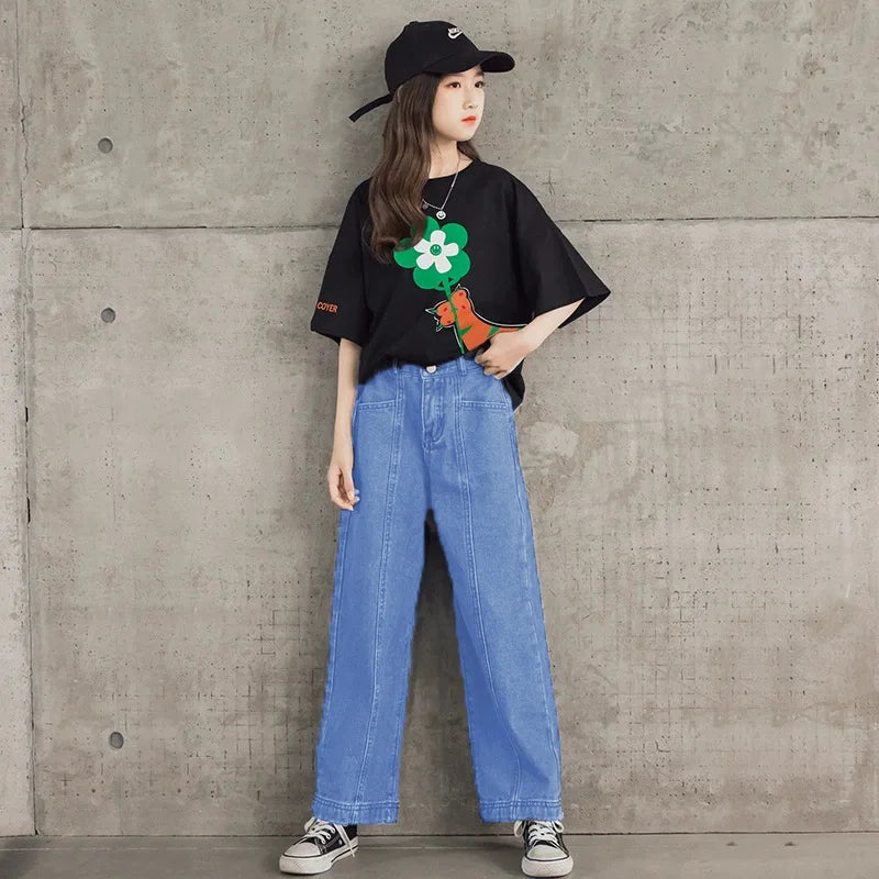 Teen Girls Clothing Sets New Fashion Korean Version Tops And Denim Pants 2Pcs Outfits Kids Tracksuit 4 5 6 7 8 9 10 11 12 Years