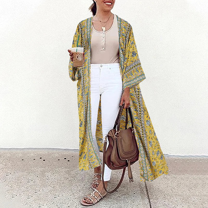Bohemian Floral Printed Shirt Kimono ZANZEA Summer Beach Cardigan Women Open Front Long Sleeve Casual Blouse Vintage Long Tops