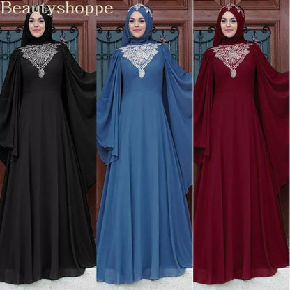 Elegant Muslim Lace Embroidery Abaya Dress Maxi Evening Vestidos Flare Sleeve Long Robe Gowns Jubah Middle East Eid Ramadan