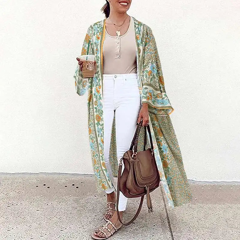 Bohemian Floral Printed Shirt Kimono ZANZEA Summer Beach Cardigan Women Open Front Long Sleeve Casual Blouse Vintage Long Tops