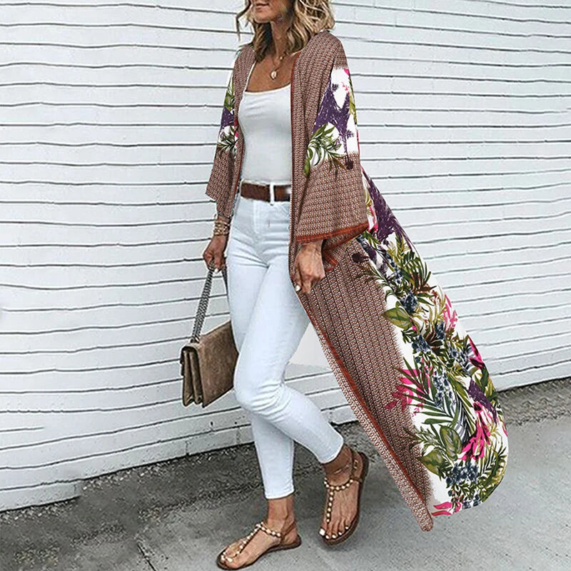 Bohemian Floral Printed Shirt Kimono ZANZEA Summer Beach Cardigan Women Open Front Long Sleeve Casual Blouse Vintage Long Tops