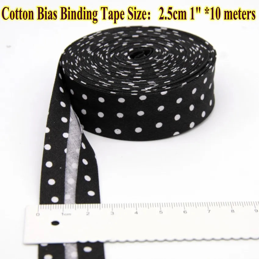 Cotton Bias Tape with Dots Spots Size 25mm 1 " 2.5cm *10 Meters Per Roll DIY Handmade Sewing Material