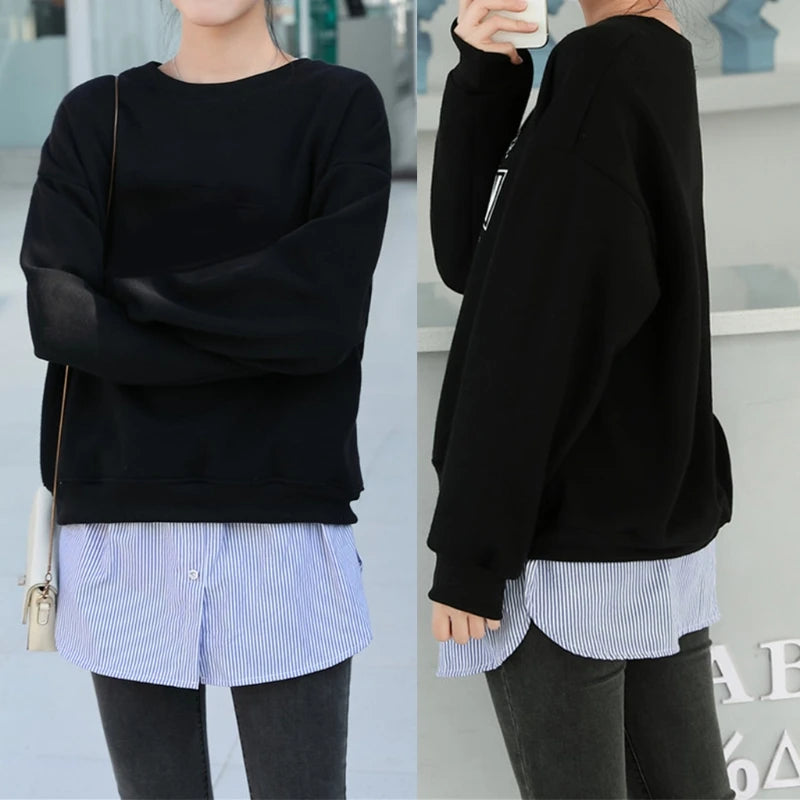 Women Layering Fake Top Lower Sweep Skirt Buttons Blue Striped Blouse A-Line False Hem High Waist Skirt Extenders for Sweater Sw