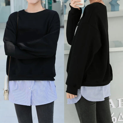 Women Layering Fake Top Lower Sweep Skirt Buttons Blue Striped Blouse A-Line False Hem High Waist Skirt Extenders for Sweater Sw