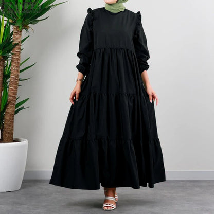 ZANZEA Long Sleeve Muslim Dresses Women Spring Dress Vintage Ruffles Dress Casual Abaya Hijab Dresses Vestido Long Maxi Dresses