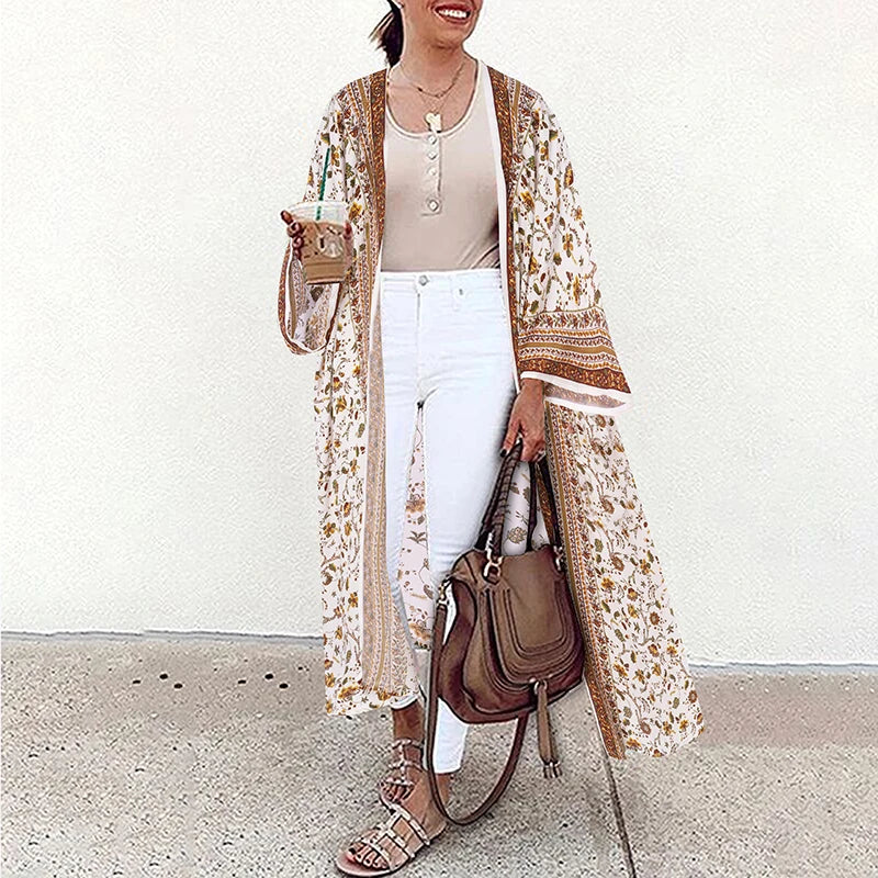 Bohemian Floral Printed Shirt Kimono ZANZEA Summer Beach Cardigan Women Open Front Long Sleeve Casual Blouse Vintage Long Tops