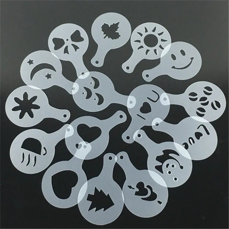 16 PCS/ Set Mixed Styles Cappuccino Latte Coffee Stencils Duster Cake Mold Spray Coffee DIY Art Stencils Coffee Accessories