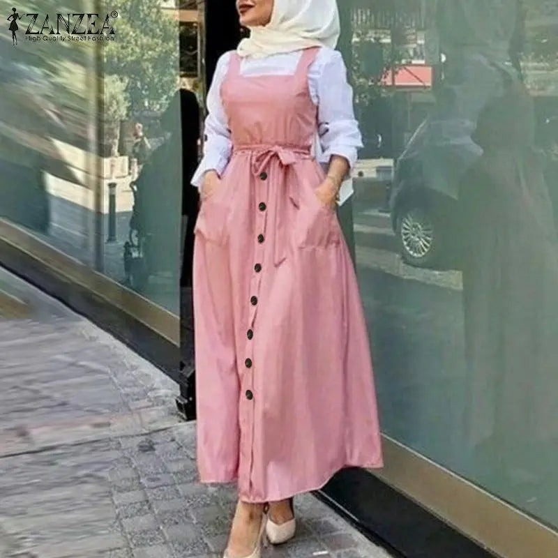 Women's Autumn Overalls Vestidos Fashion Islamic Dress ZANZEA 2023 Casual Solid Tank Marocain Robe Female Button Sundress S-