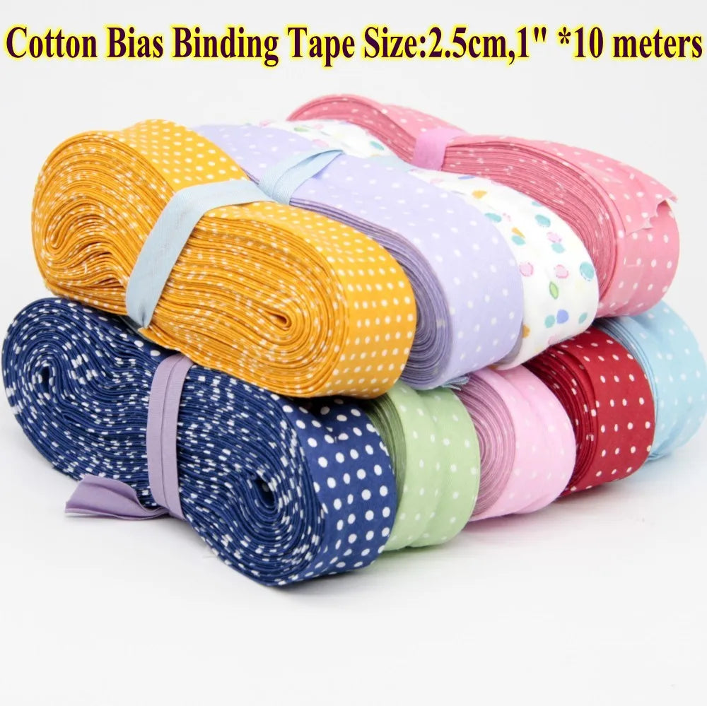 Cotton Bias Tape with Dots Spots Size 25mm 1 " 2.5cm *10 Meters Per Roll DIY Handmade Sewing Material