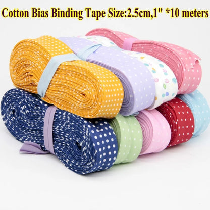 Cotton Bias Tape with Dots Spots Size 25mm 1 " 2.5cm *10 Meters Per Roll DIY Handmade Sewing Material