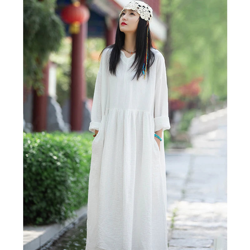 Spring and Autunm women casual vinatge Dress Female Solid Cotton Linen long maxi Dresses Holiday Vestido Robe black white M-2XL