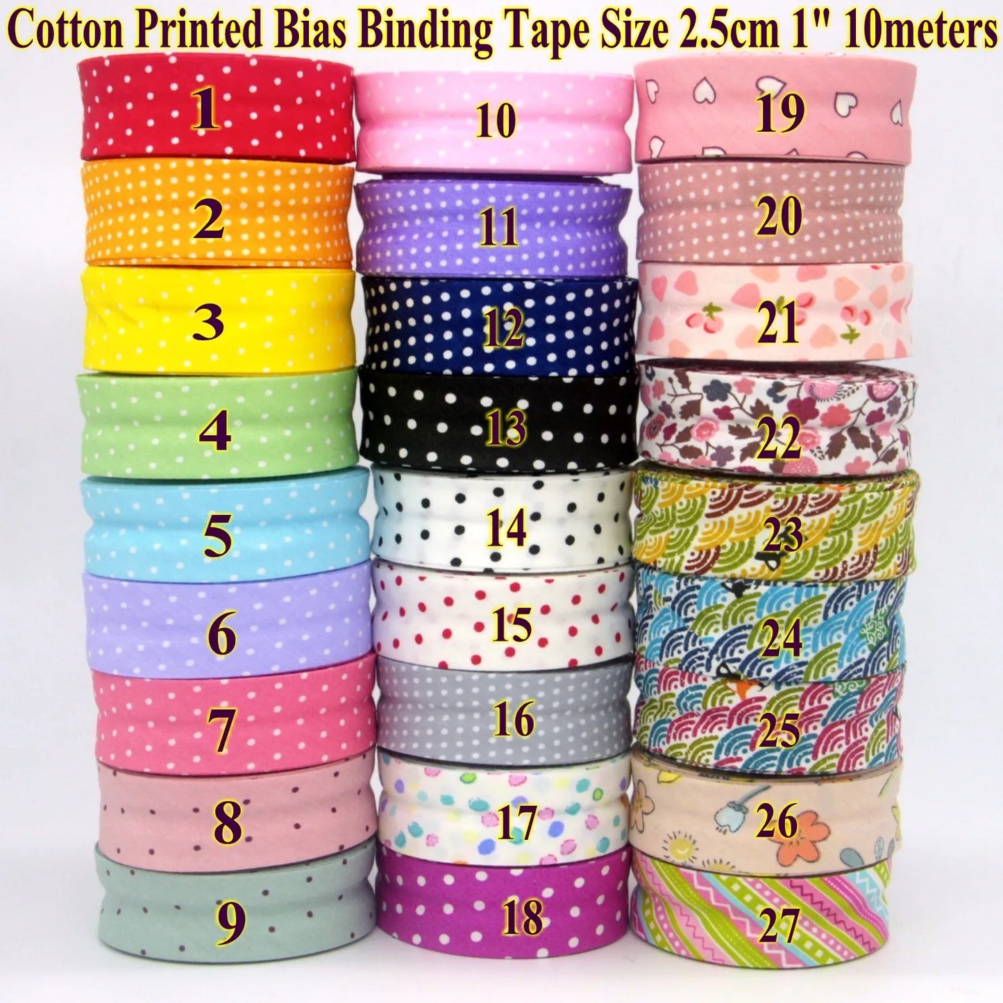 Cotton Bias Tape with Dots Spots Size 25mm 1 " 2.5cm *10 Meters Per Roll DIY Handmade Sewing Material