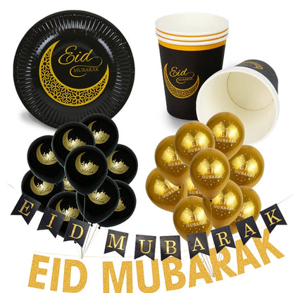 EID MUBARAK cup&plate Ramadan kareem With eid ramadan banner Home decoration Islam element balloon kit moon&star mosque