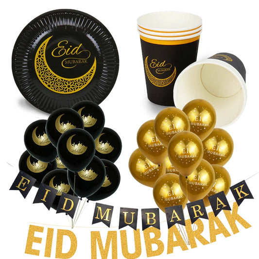 EID MUBARAK cup&plate Ramadan kareem With eid ramadan banner Home decoration Islam element balloon kit moon&star mosque