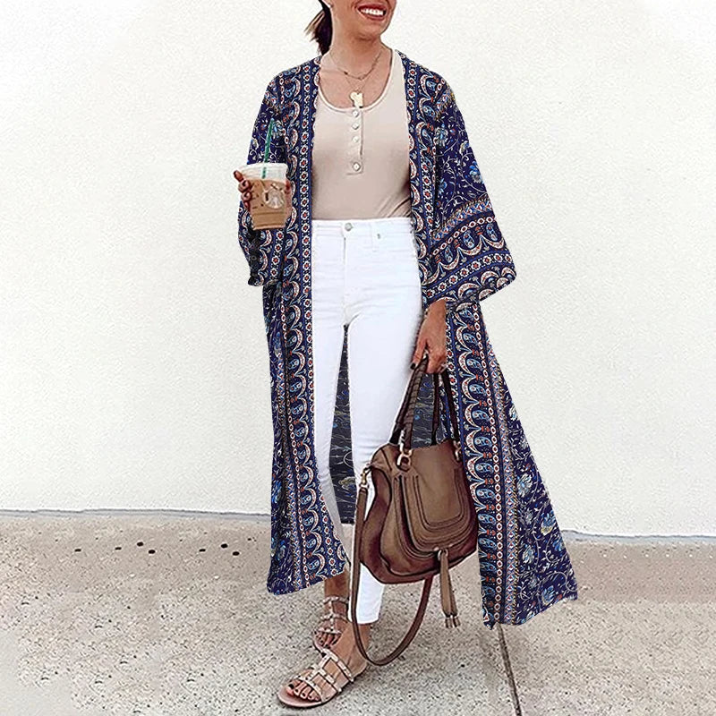 Bohemian Floral Printed Shirt Kimono ZANZEA Summer Beach Cardigan Women Open Front Long Sleeve Casual Blouse Vintage Long Tops