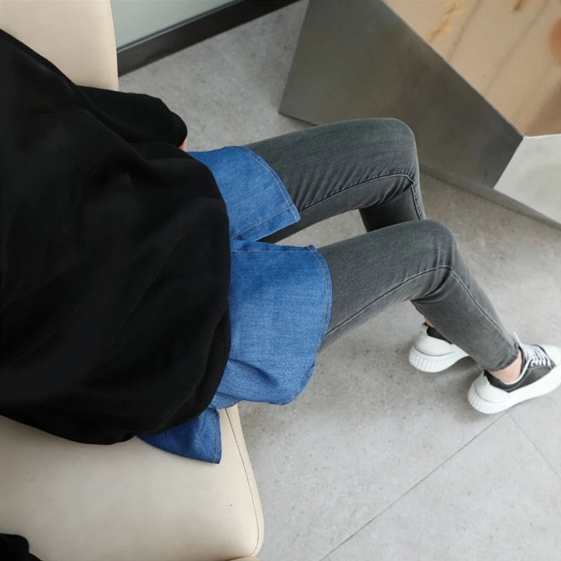 Women Layering Fake Top Lower Sweep Skirt Buttons Blue Striped Blouse A-Line False Hem High Waist Skirt Extenders for Sweater Sw
