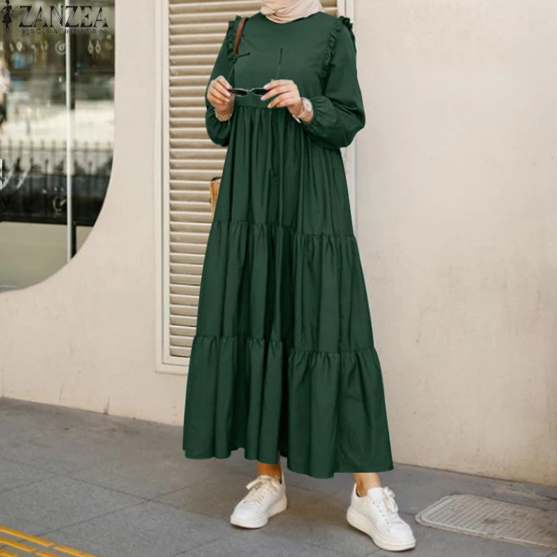 ZANZEA Long Sleeve Muslim Dresses Women Spring Dress Vintage Ruffles Dress Casual Abaya Hijab Dresses Vestido Long Maxi Dresses
